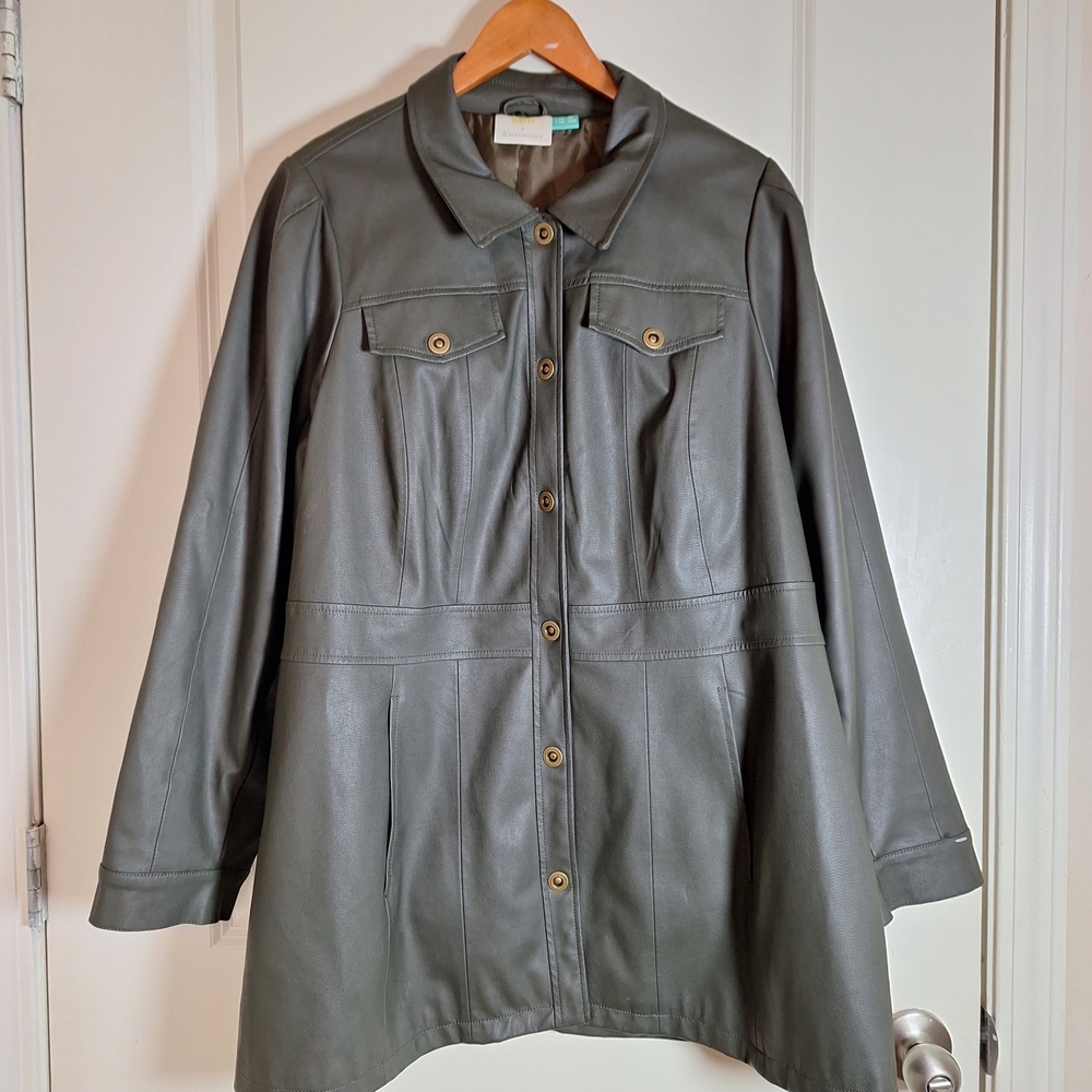 Anthropologie Maeve Kellie Vegan Leather Green Midi Coat Jacket Size 20W